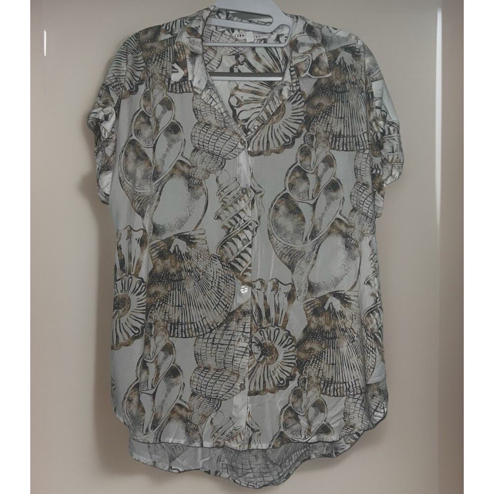 Jane Delancey Whimsical Sea Shell Womens L Button Up Rayon Beige Top